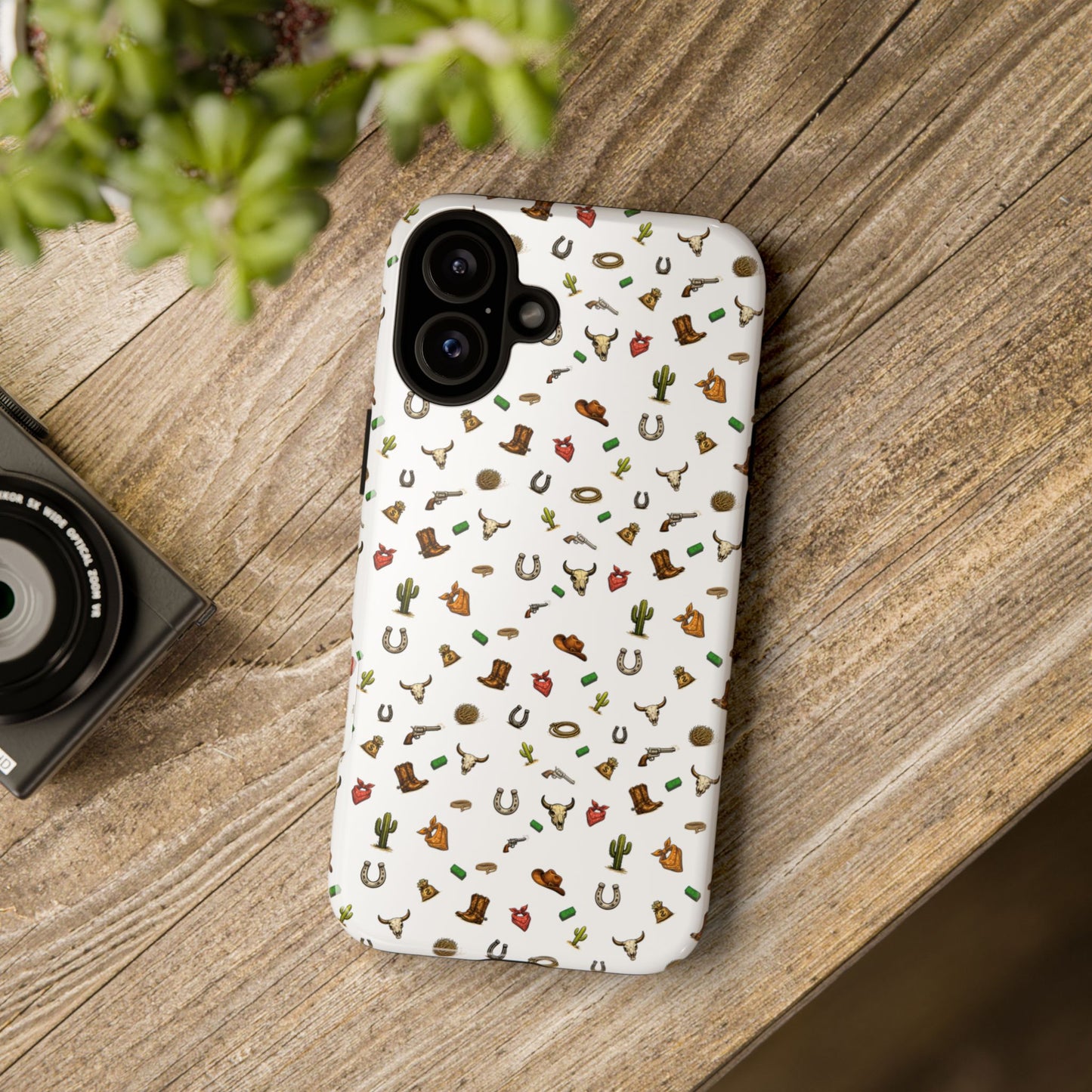 Western Cowboy Pattern Phone Case — Rodeo Hat, Horseshoe & Cactus Tough Case