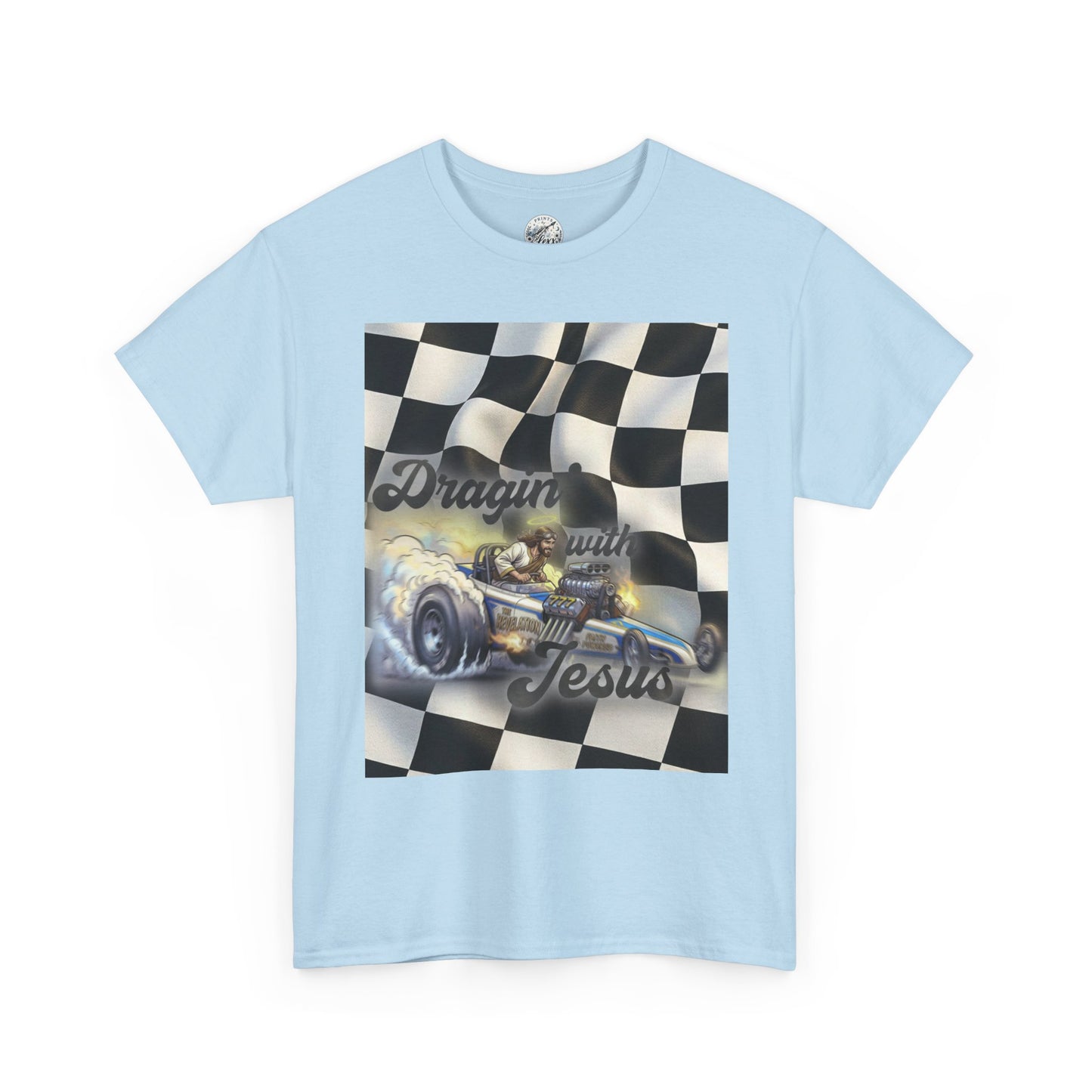 Racing Faith Tee – "Draggin' for Jesus" Checkered Flag Racing T-Shirt