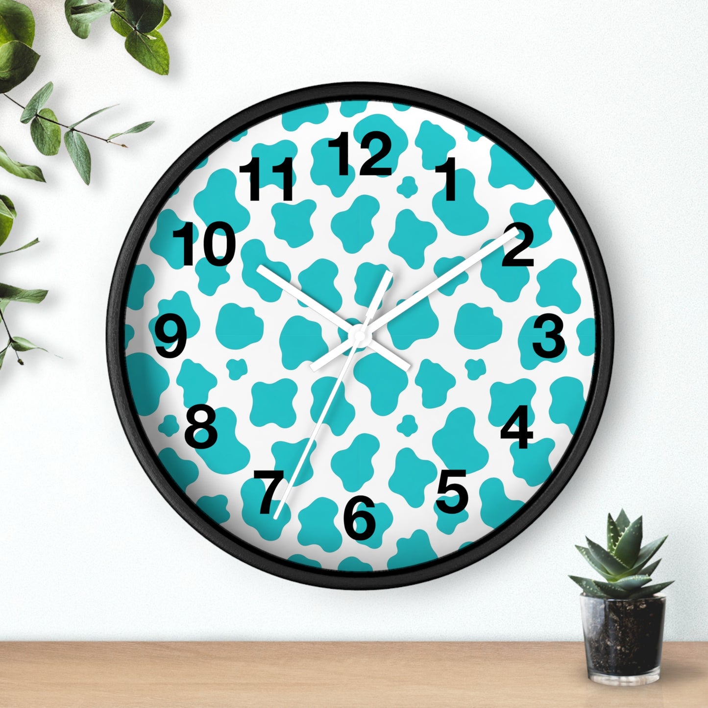 Teal cow Print Wall Clock — Modern Animal-Print Timepiece for Home Decor