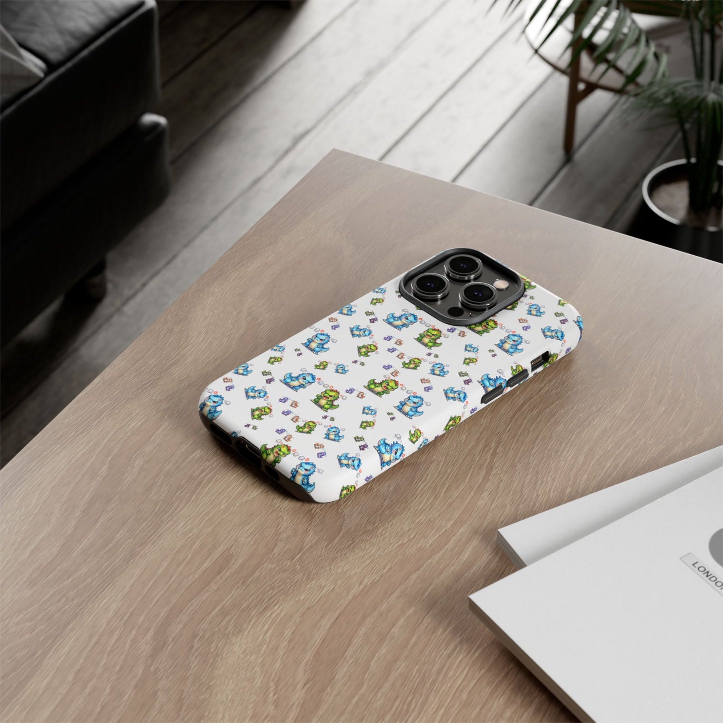 Cute Dino Pattern Phone Case — Cartoon Green & Blue Dino Tough Case, Protective iPhone Cover