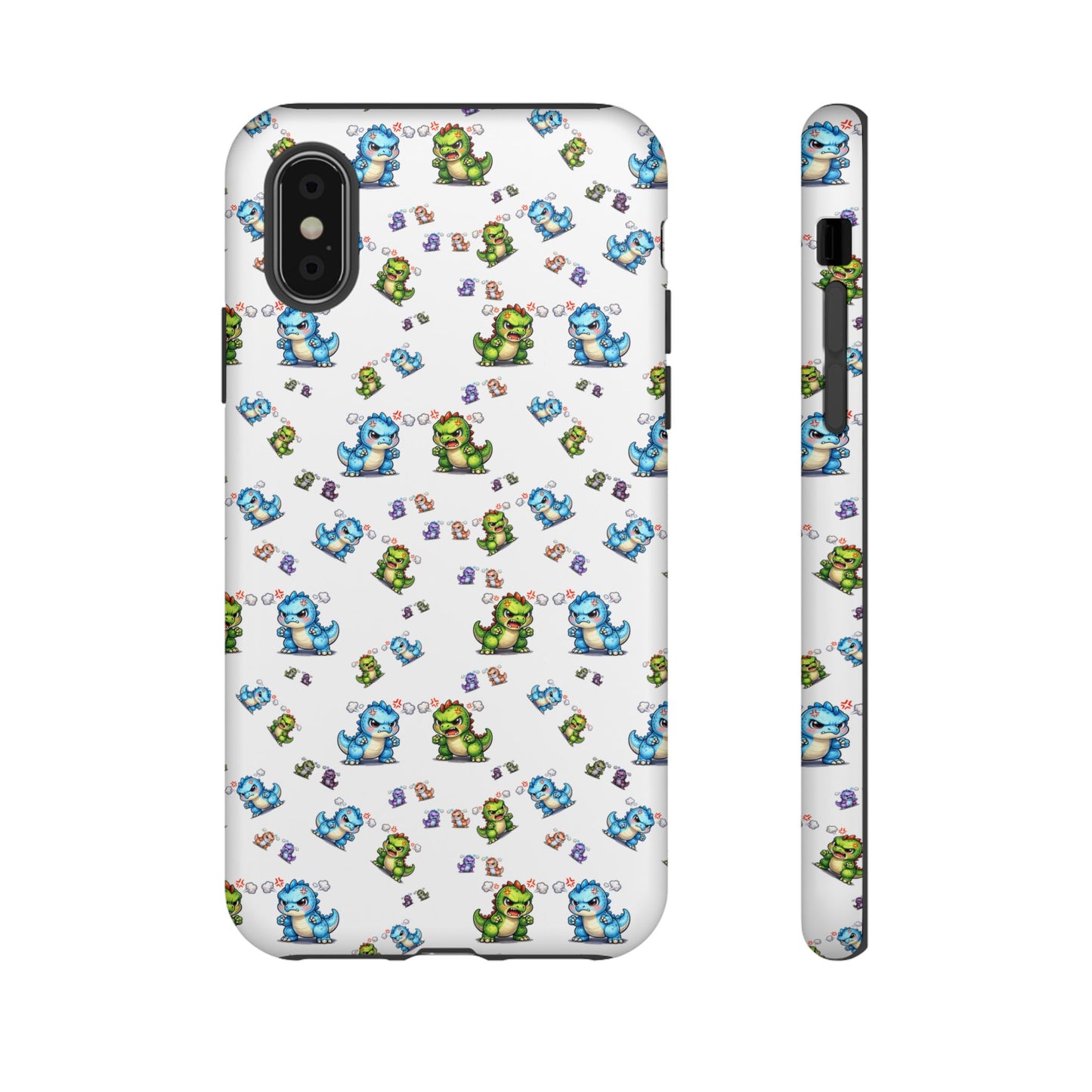 Cute Dino Pattern Phone Case — Cartoon Green & Blue Dino Tough Case, Protective iPhone Cover