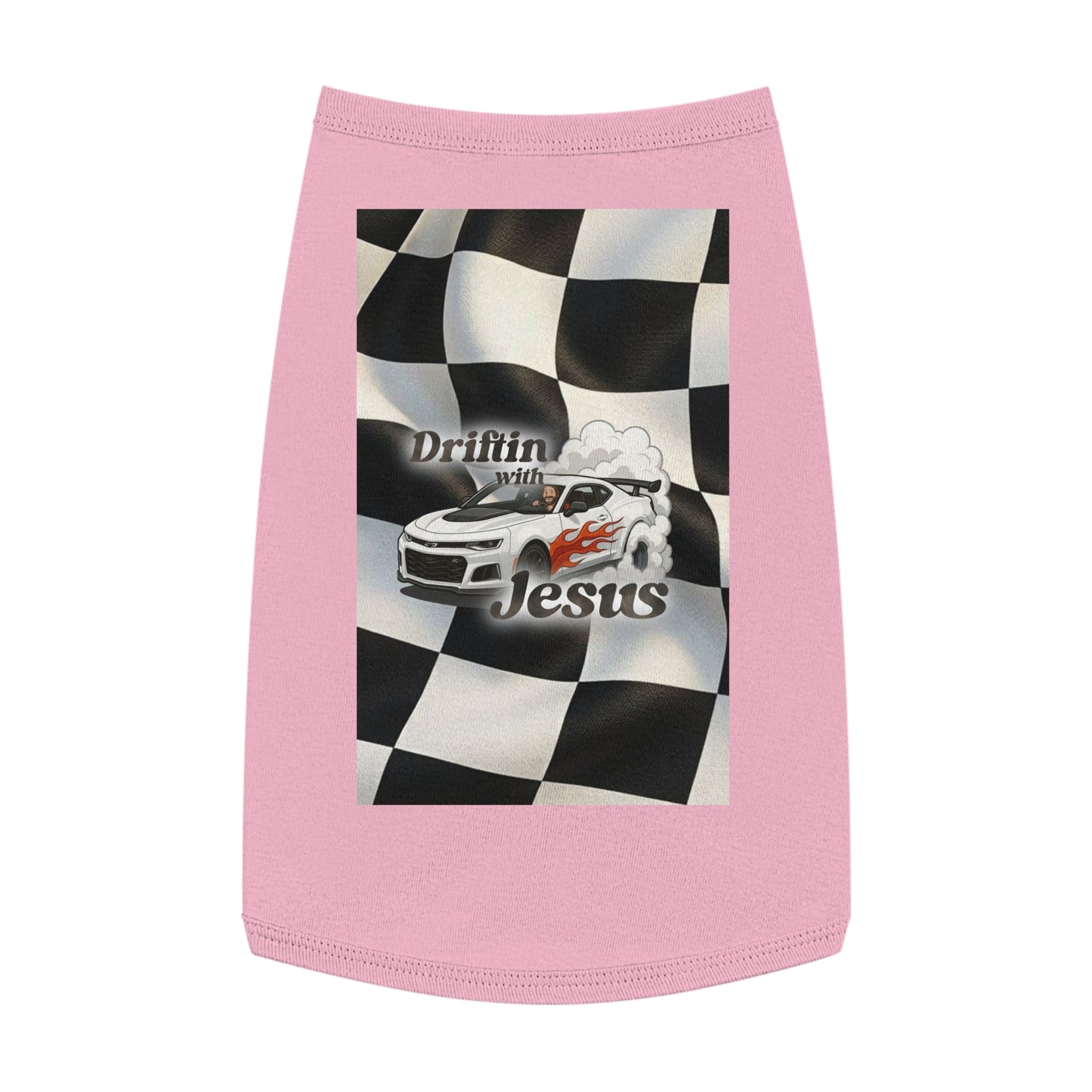 Pet Tank Top — "Driftin' with Jesus" Racing Flag Dog Shirt