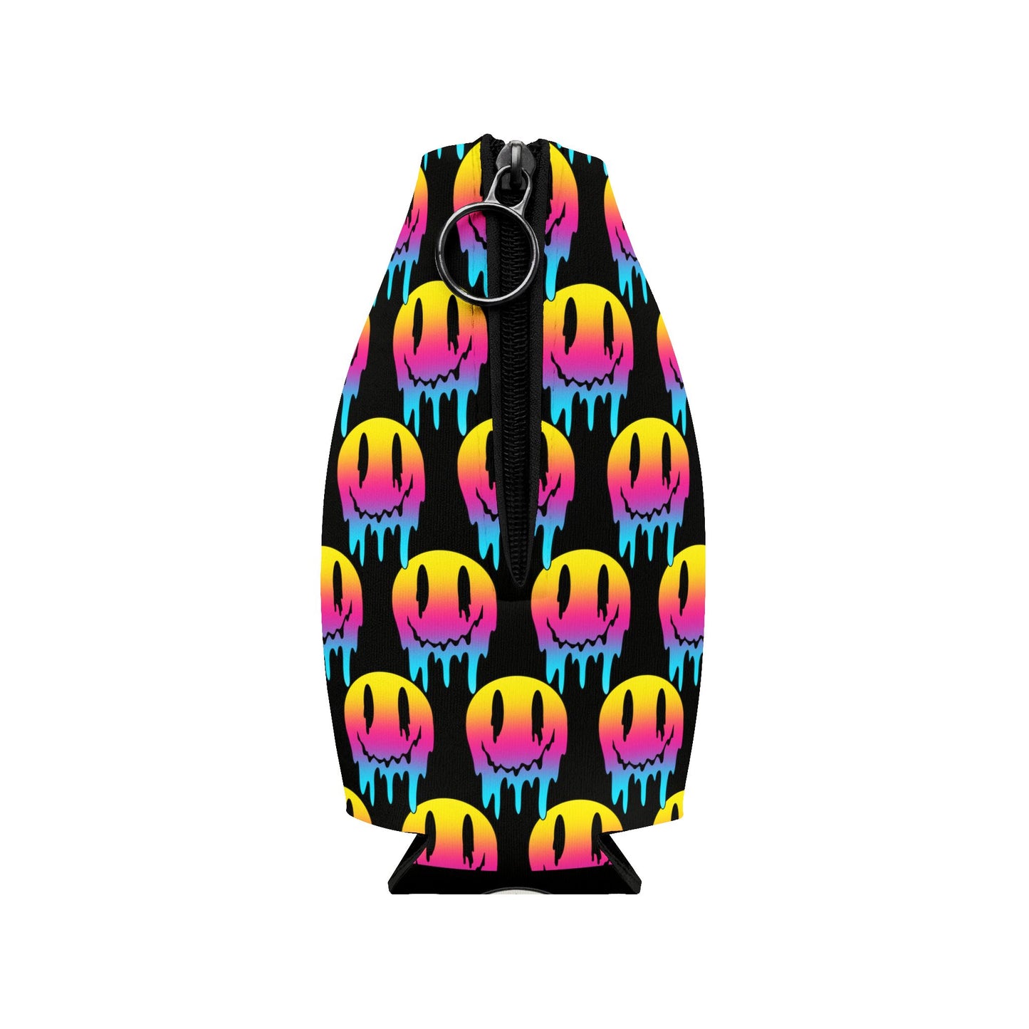 Zip-Up Bottle Cooler Sleeve — Neon Drip Smiley Can Cooler