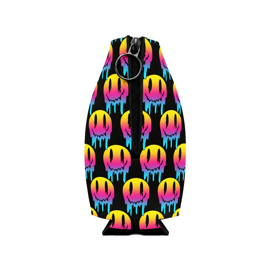 Zip-Up Bottle Cooler Sleeve — Neon Drip Smiley Can Cooler