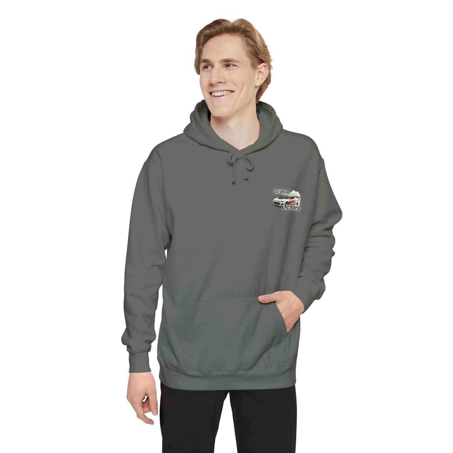 Classic Car Hoodie — Small Chest Graphic “drifting with jesus" Pullover