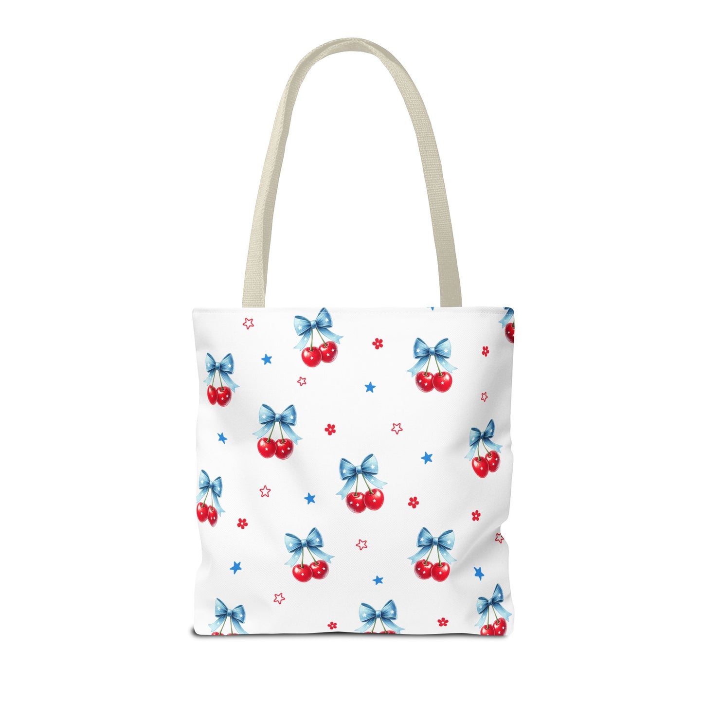 Cherry Bow Tote Bag — Cute Red Cherries with Blue Bows Patterned Shopper