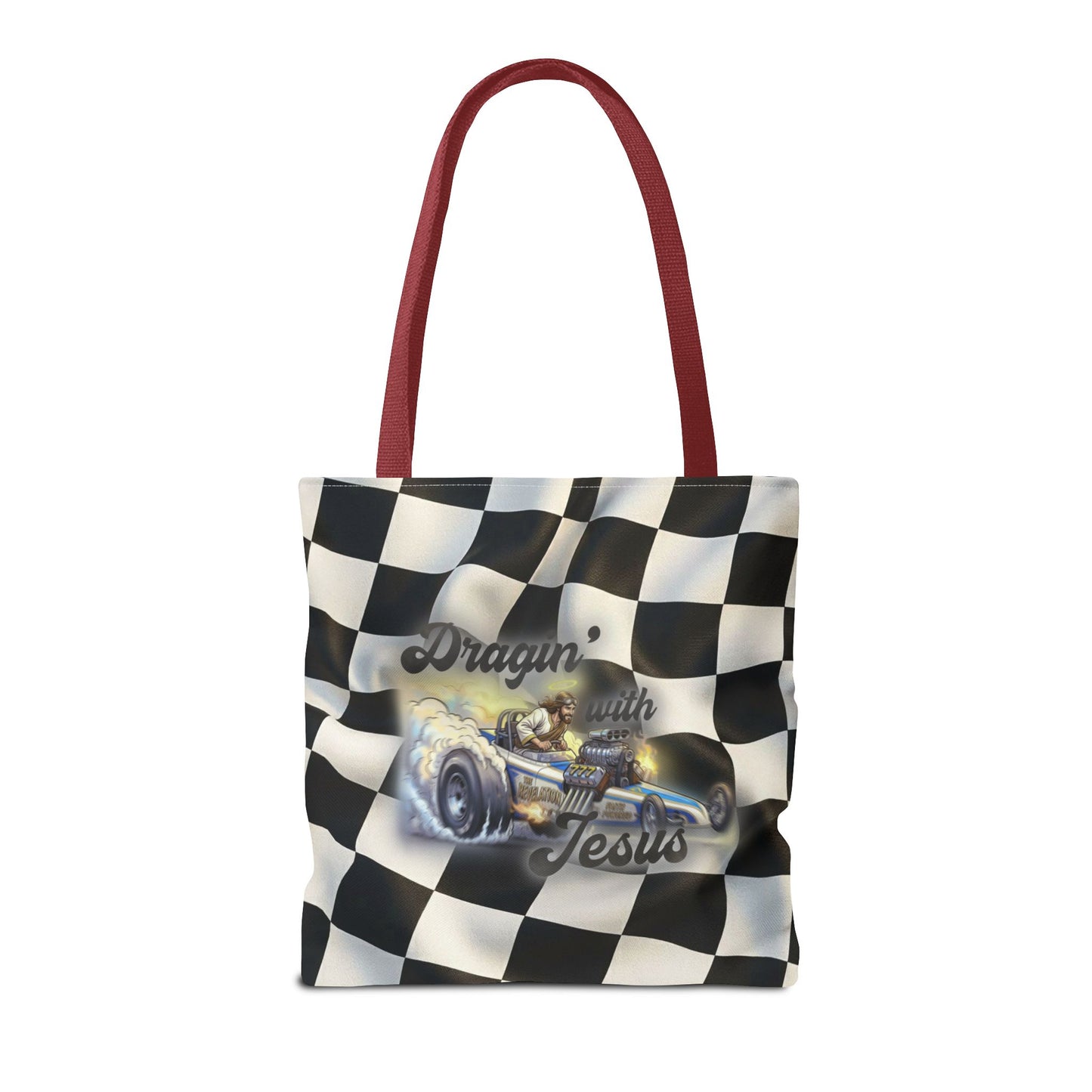 Dragin' Jesus Racing Tote Bag — Checkered Flag Vintage Hot Rod Tote