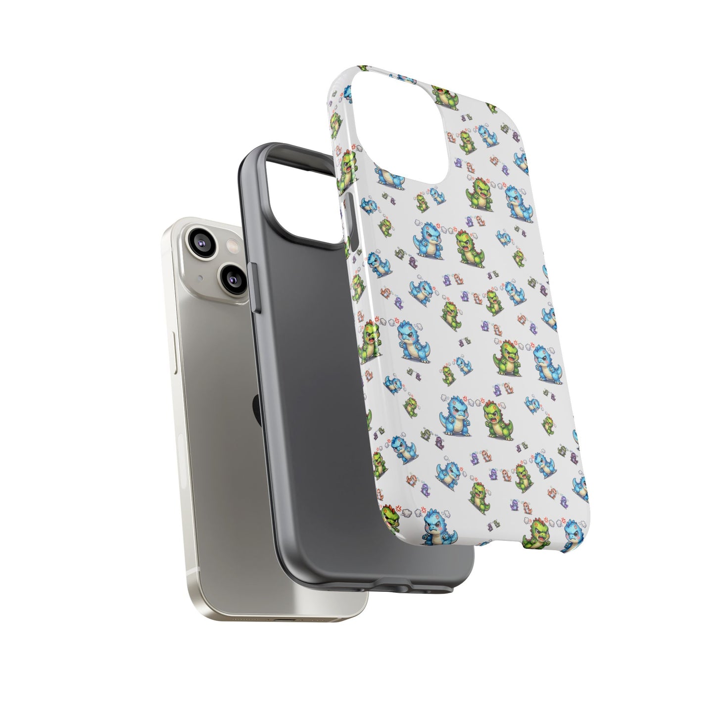 Cute Dino Pattern Phone Case — Cartoon Green & Blue Dino Tough Case, Protective iPhone Cover