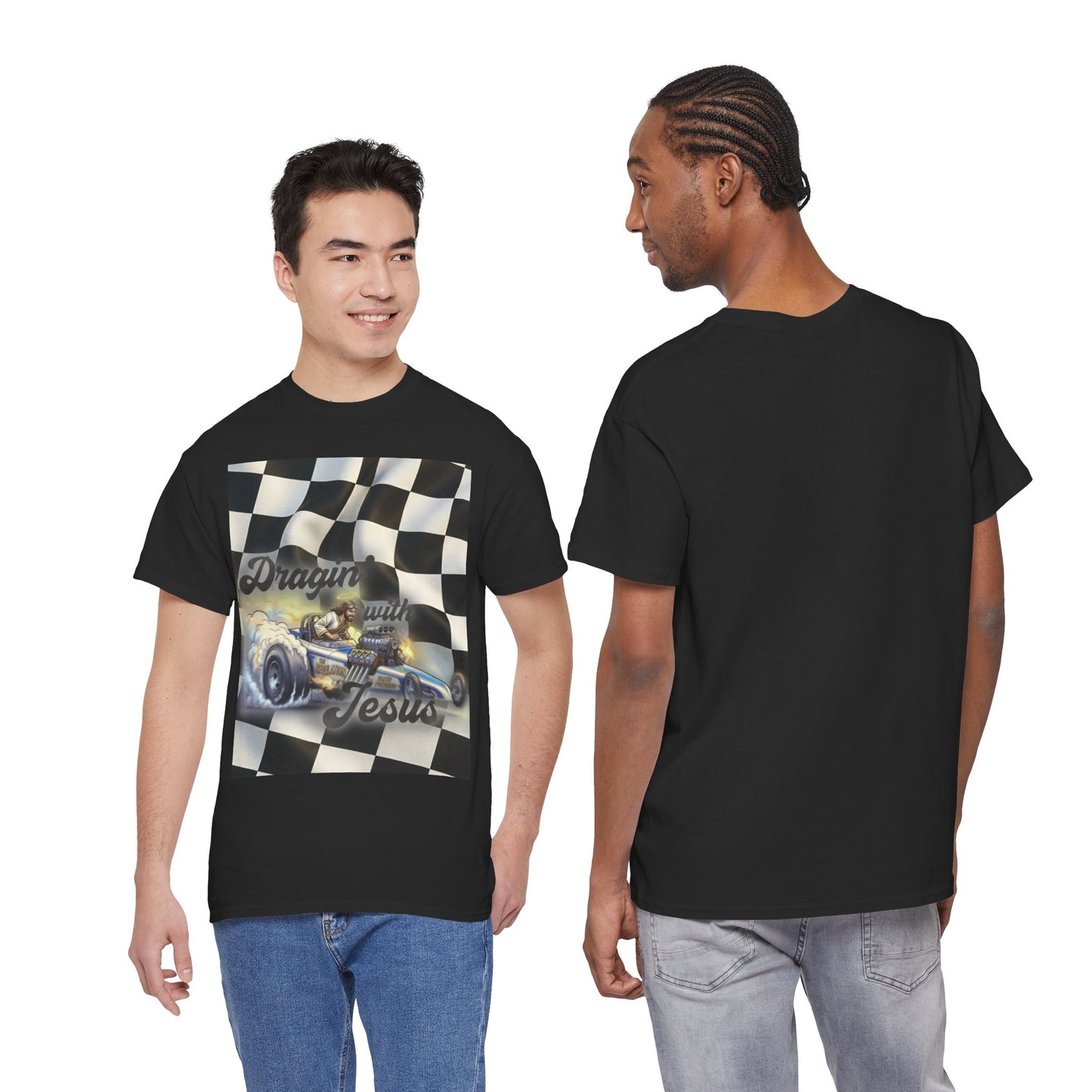 Racing Faith Tee – "Draggin' for Jesus" Checkered Flag Racing T-Shirt