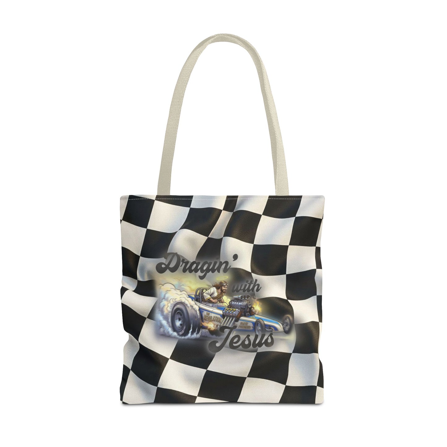 Dragin' Jesus Racing Tote Bag — Checkered Flag Vintage Hot Rod Tote