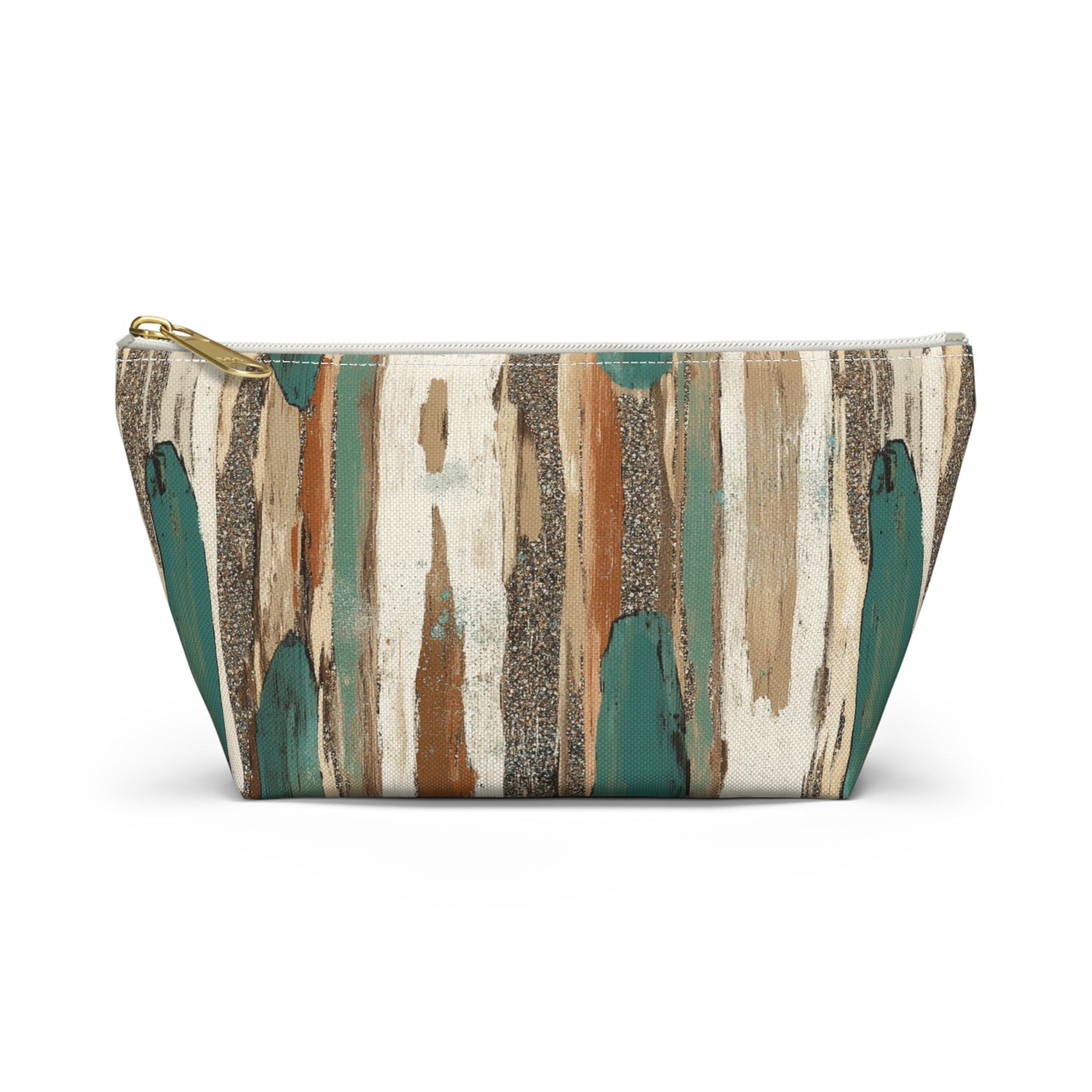Abstract Teal & Earthtone Accessory Pouch — T-Bottom Cosmetic Bag