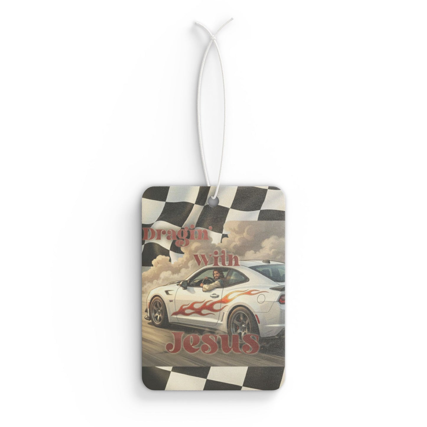 Car Air Freshener — Racing Car with Flames & 'Dragin with Jesus' Inspirational Design