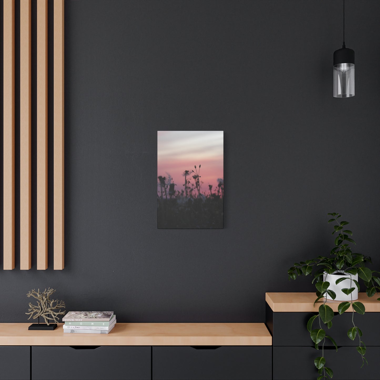 Canvas Wall Art - Silhouetted Wildflowers at Pink Sunset