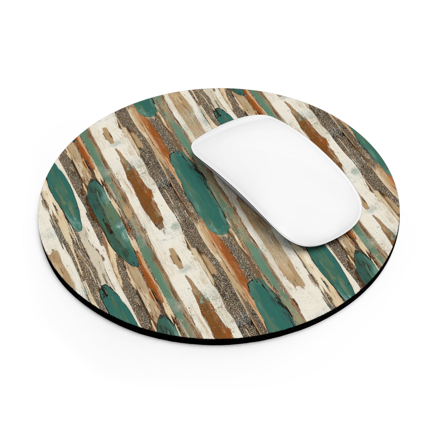 Abstract Teal & Woodgrain Round Mouse Pad — Rustic Boho Desk Mat