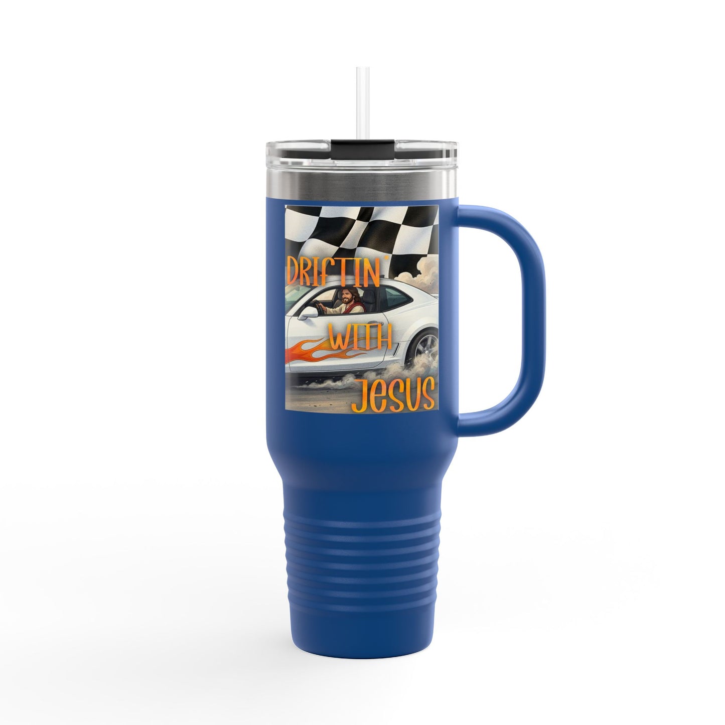 40oz Insulated Travel Mug — Vintage Race Car on Checkered Flag