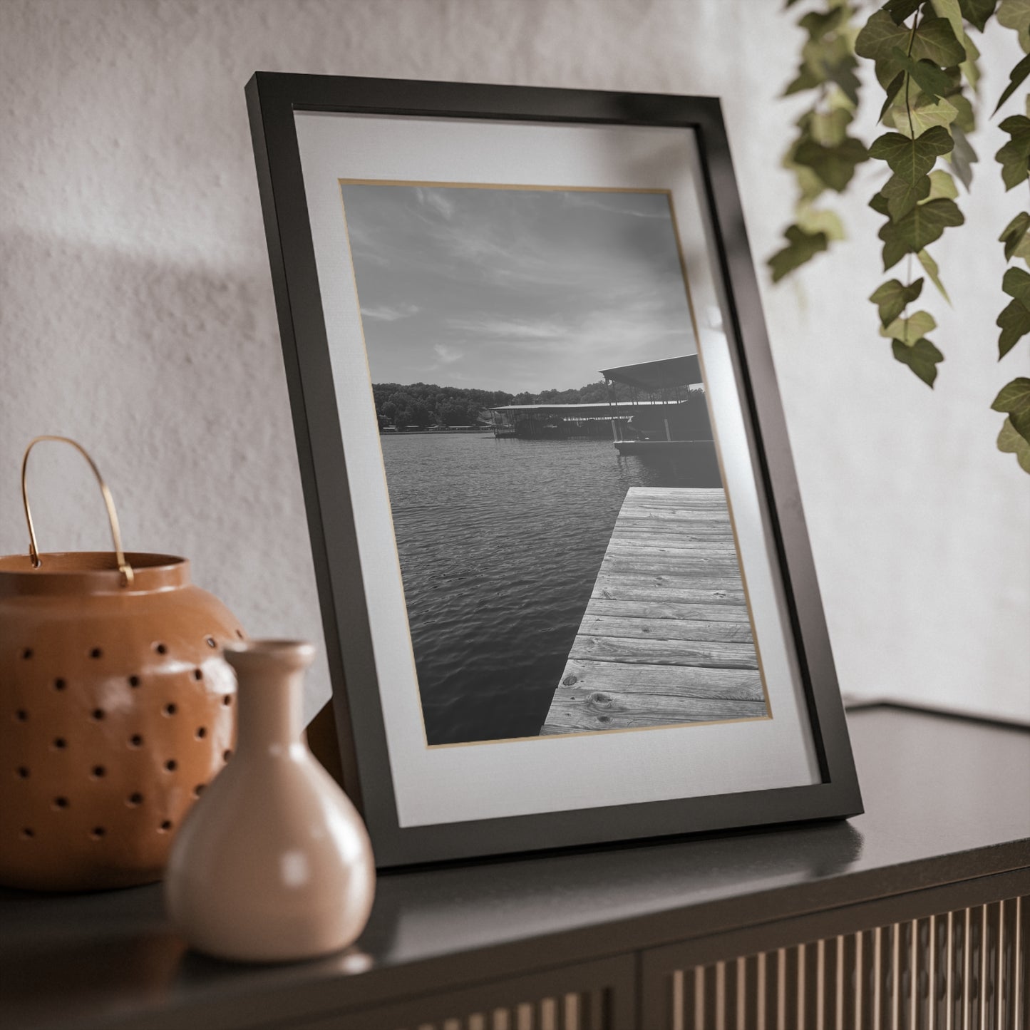 Black Framed Lake Dock Poster — Minimalist Monochrome Wall Art