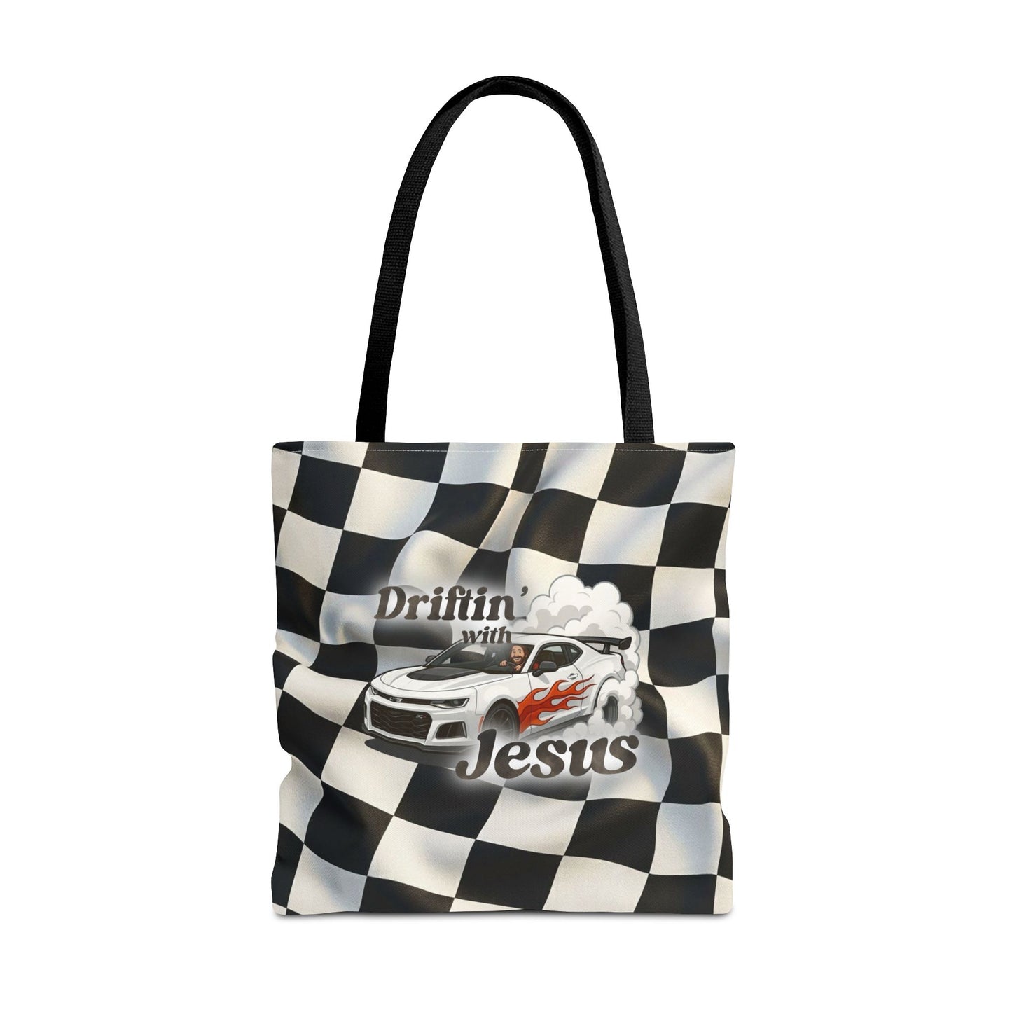 Driftin' with Jesus Racing Tote Bag - Checkered Flag Christian Car Gift