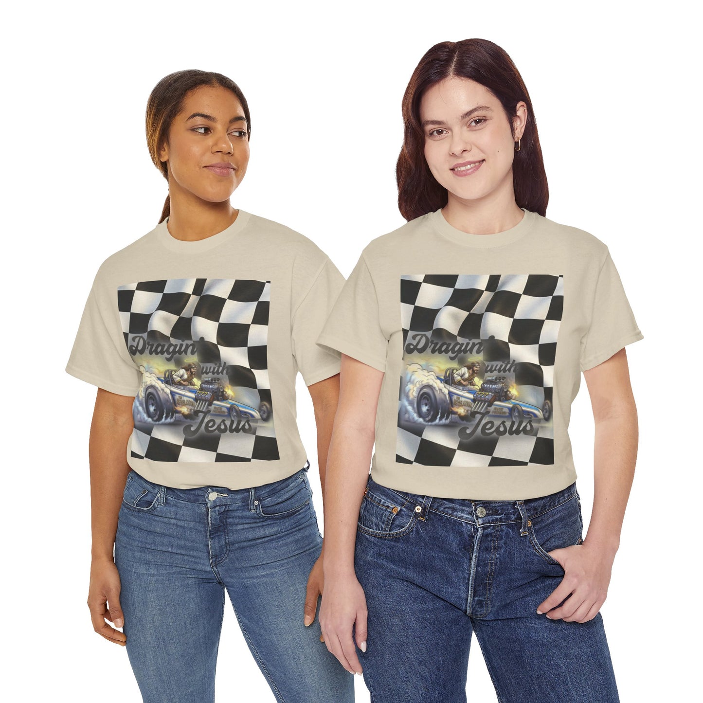 Racing Faith Tee – "Draggin' for Jesus" Checkered Flag Racing T-Shirt