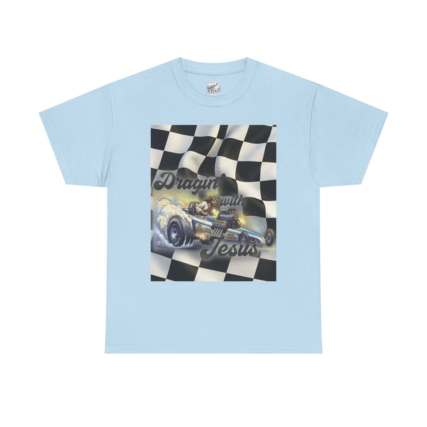 Racing Faith Tee – "Draggin' for Jesus" Checkered Flag Racing T-Shirt
