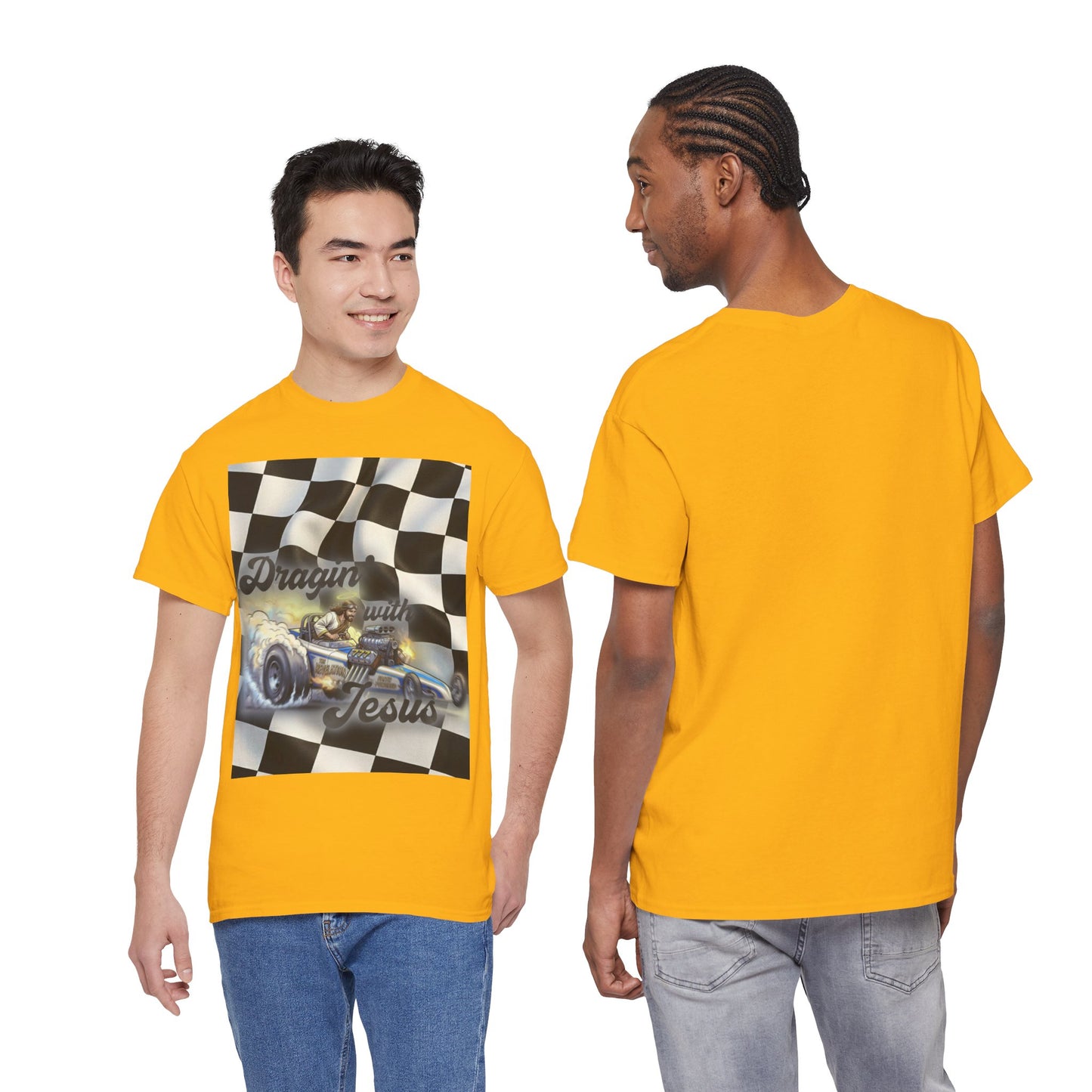 Racing Faith Tee – "Draggin' for Jesus" Checkered Flag Racing T-Shirt