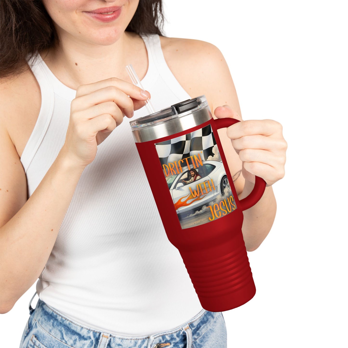 40oz Insulated Travel Mug — Vintage Race Car on Checkered Flag