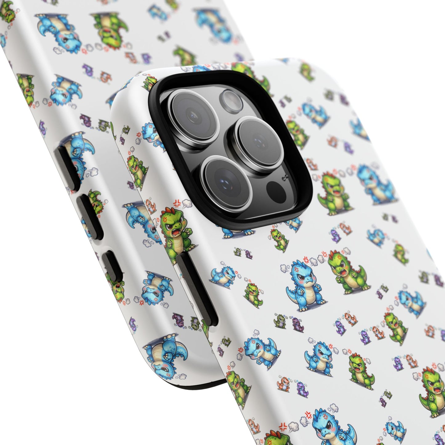 Cute Dino Pattern Phone Case — Cartoon Green & Blue Dino Tough Case, Protective iPhone Cover
