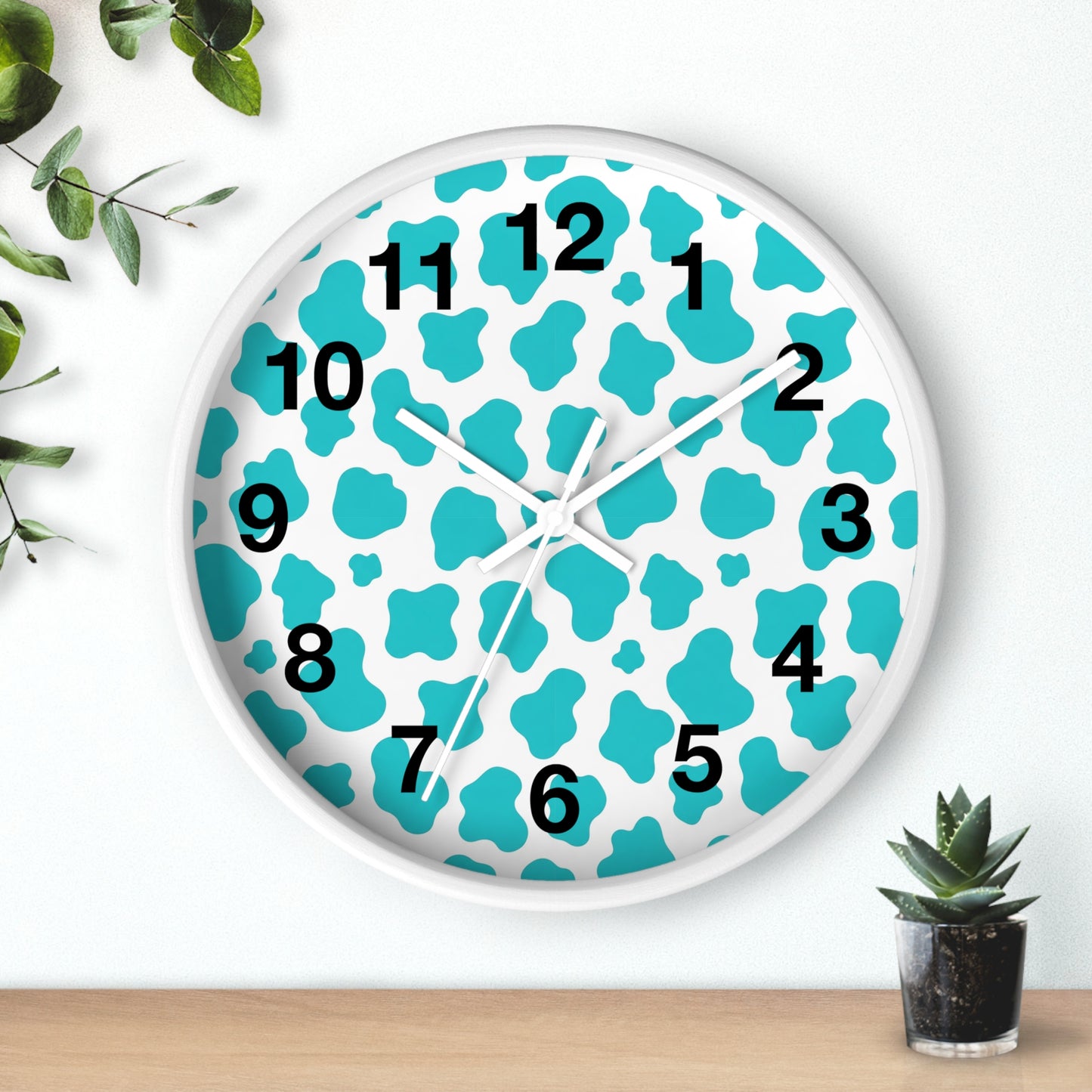 Teal cow Print Wall Clock — Modern Animal-Print Timepiece for Home Decor