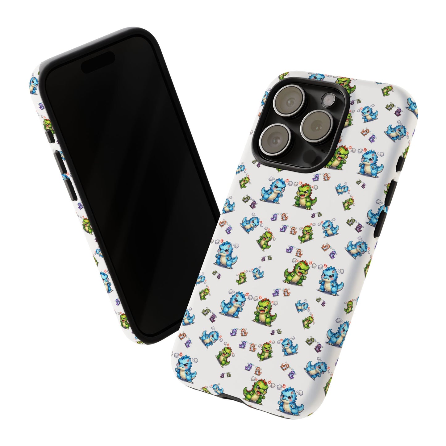 Cute Dino Pattern Phone Case — Cartoon Green & Blue Dino Tough Case, Protective iPhone Cover