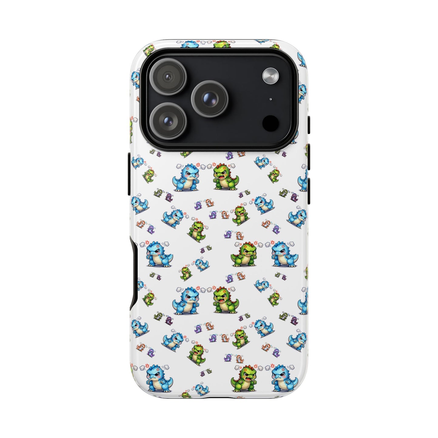 Cute Dino Pattern Phone Case — Cartoon Green & Blue Dino Tough Case, Protective iPhone Cover