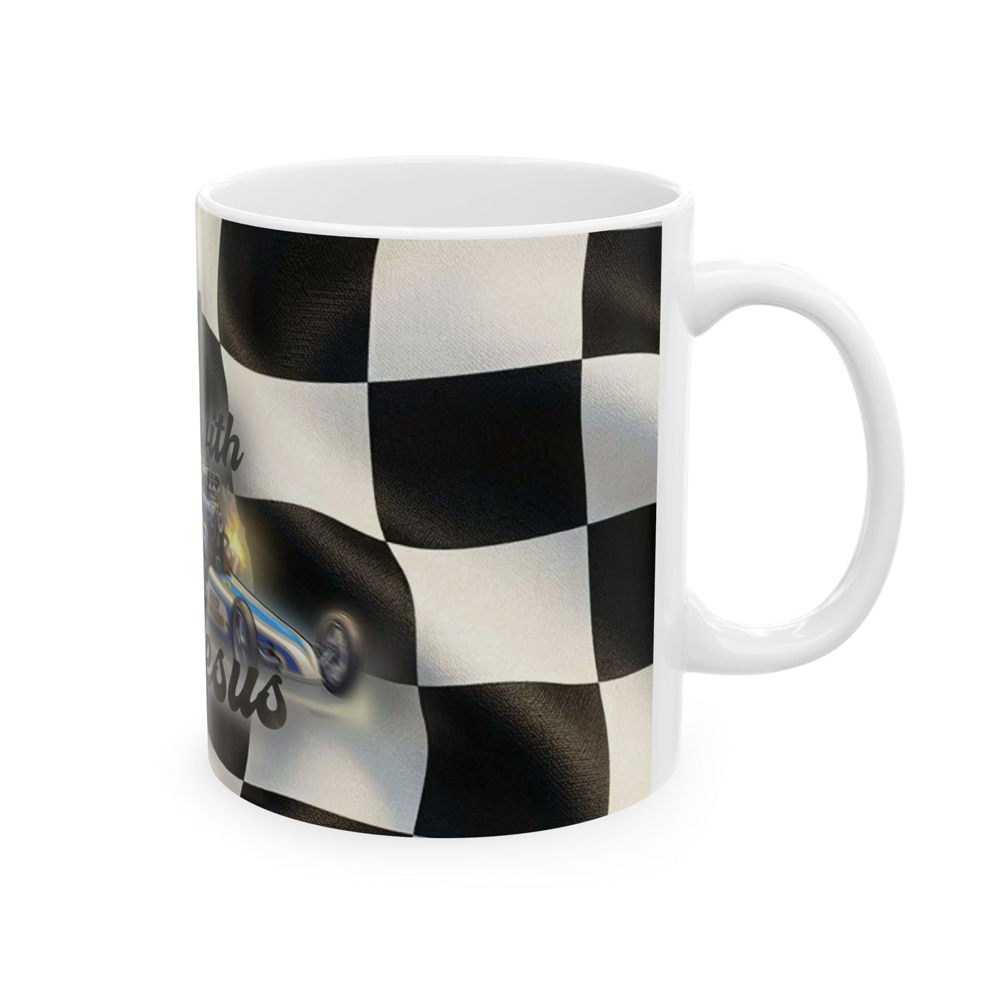 Dragin with Jesus Ceramic Mug — Racing Checkered Design with Faith Car Graphic (11oz/15oz)