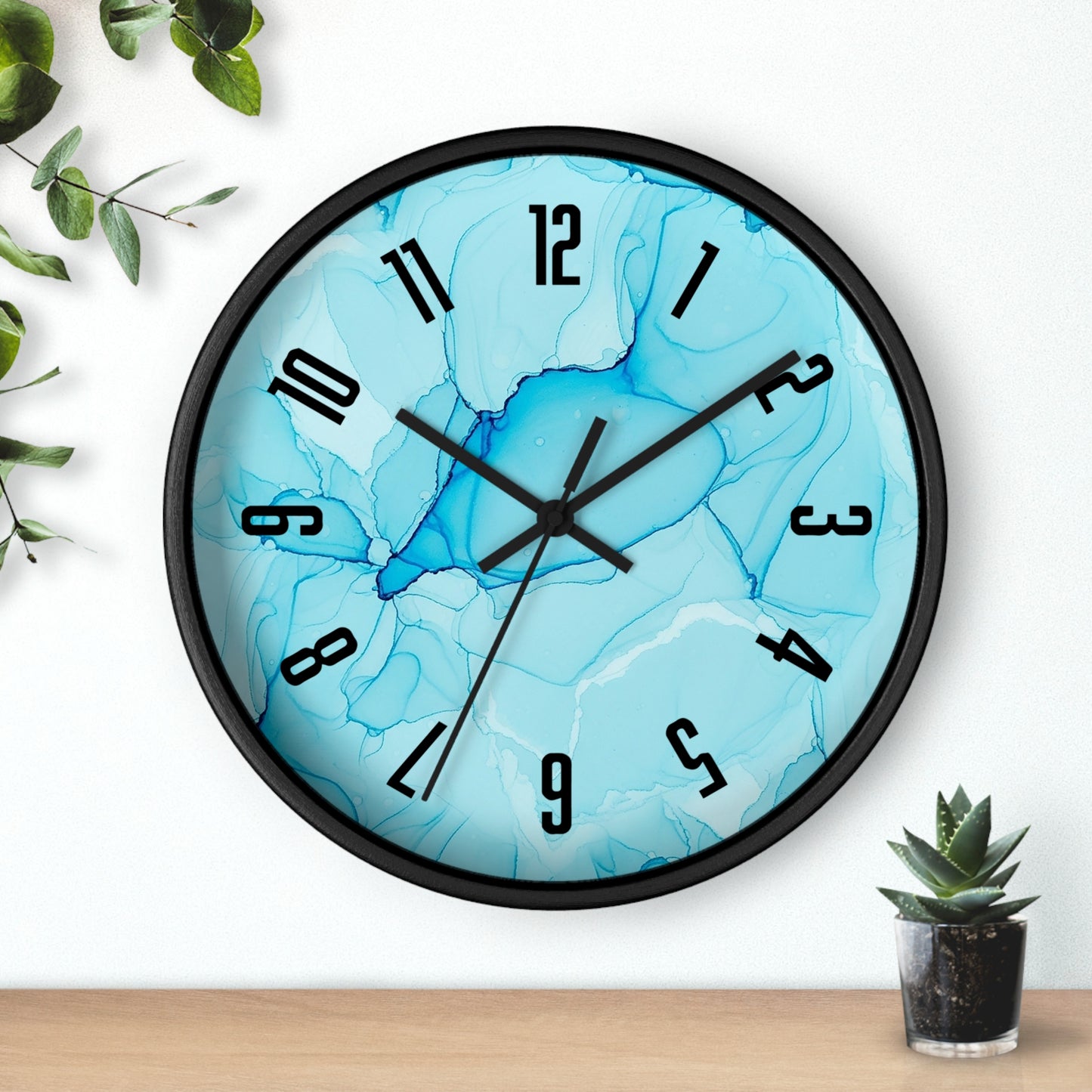 Blue Marble Wall Clock — Abstract Aqua Alcohol Ink Home Decor Clock