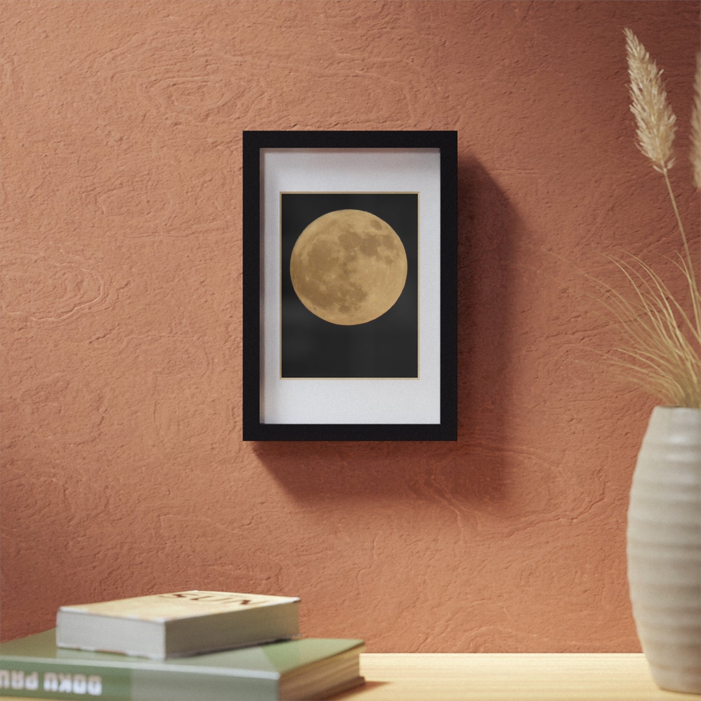 Moon Print Framed Poster — Gold Lunar Art in Black Frame