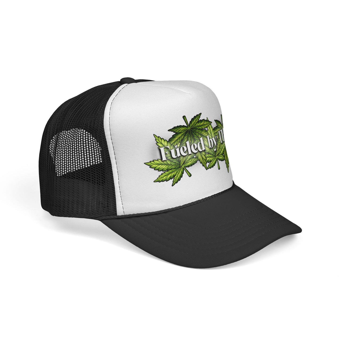 Trucker Cap — "Fueled by THC" Leaf Graphic Mesh Hat