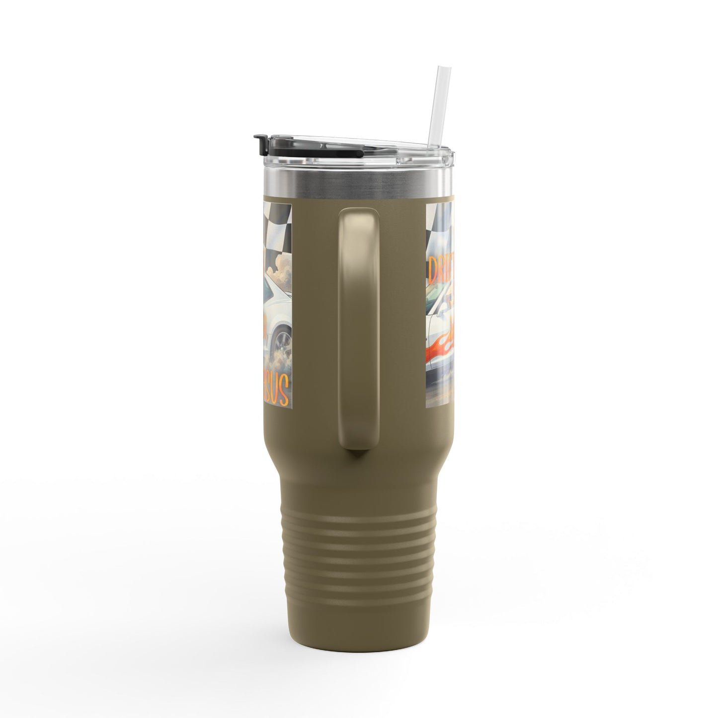 40oz Insulated Travel Mug — Vintage Race Car on Checkered Flag