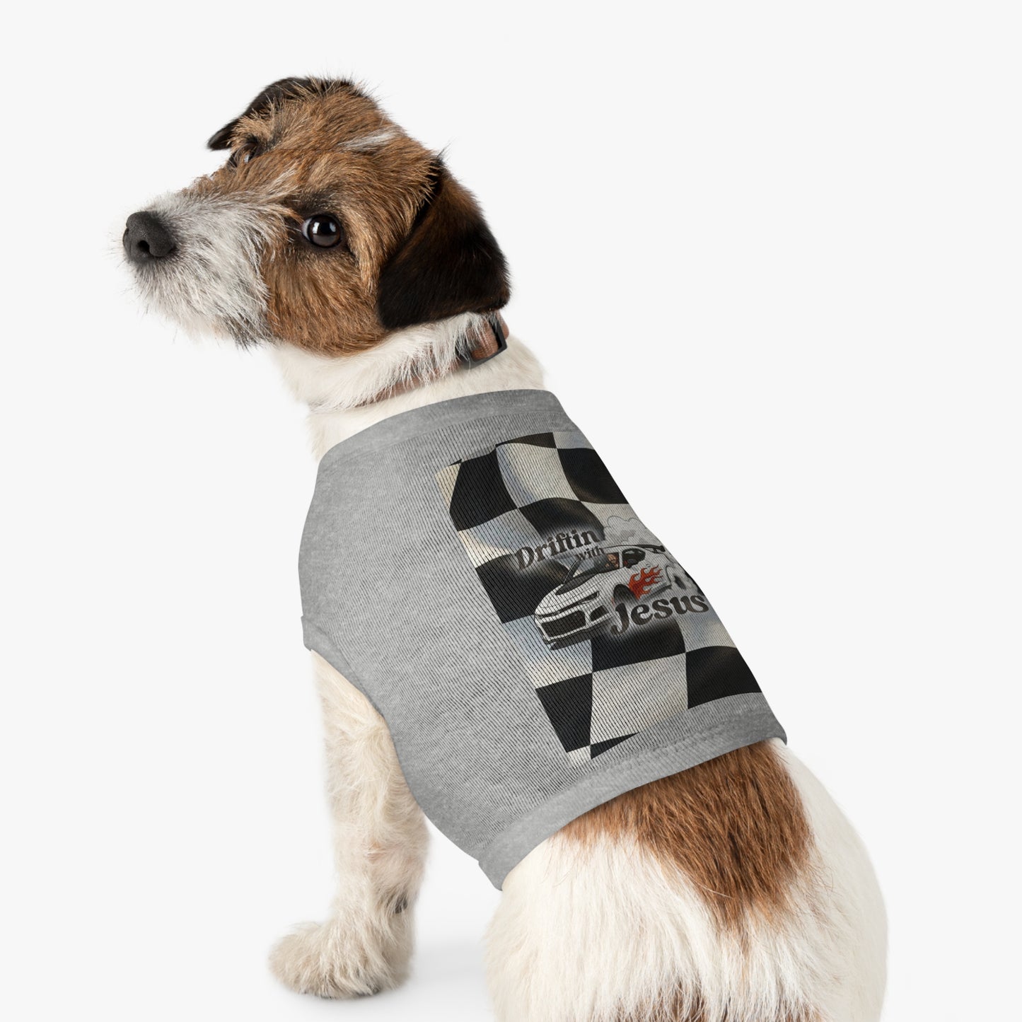 Pet Tank Top — "Driftin' with Jesus" Racing Flag Dog Shirt