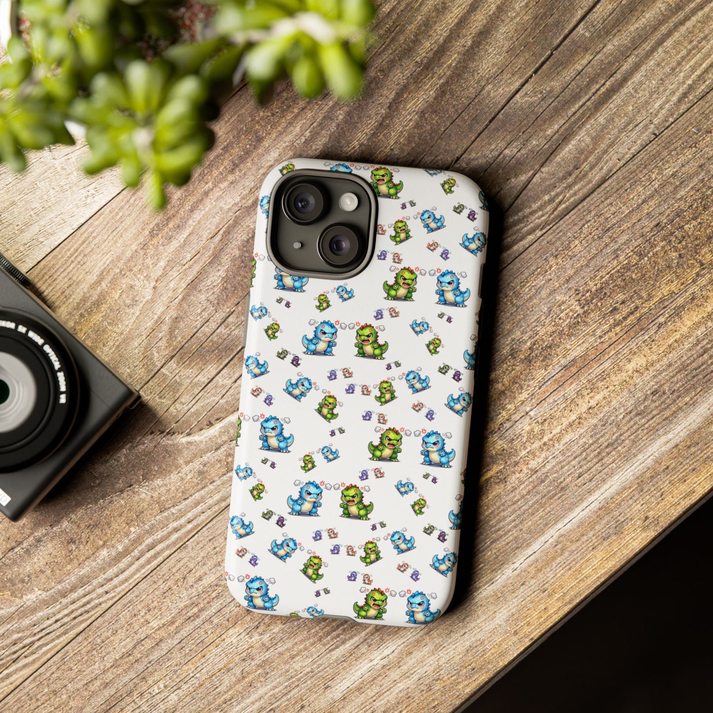 Cute Dino Pattern Phone Case — Cartoon Green & Blue Dino Tough Case, Protective iPhone Cover
