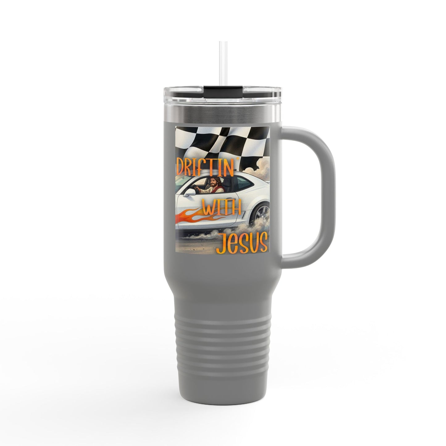 40oz Insulated Travel Mug — Vintage Race Car on Checkered Flag