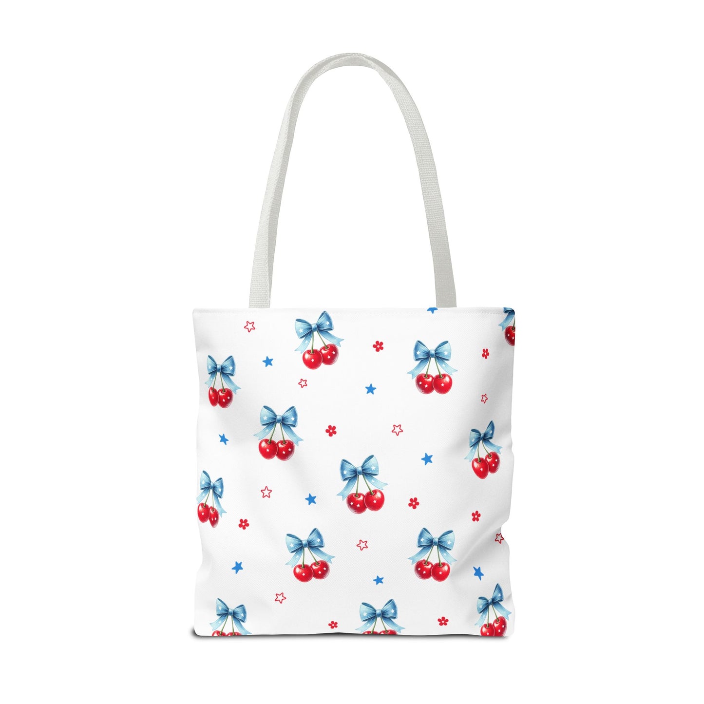 Cherry Bow Tote Bag — Cute Red Cherries with Blue Bows Patterned Shopper