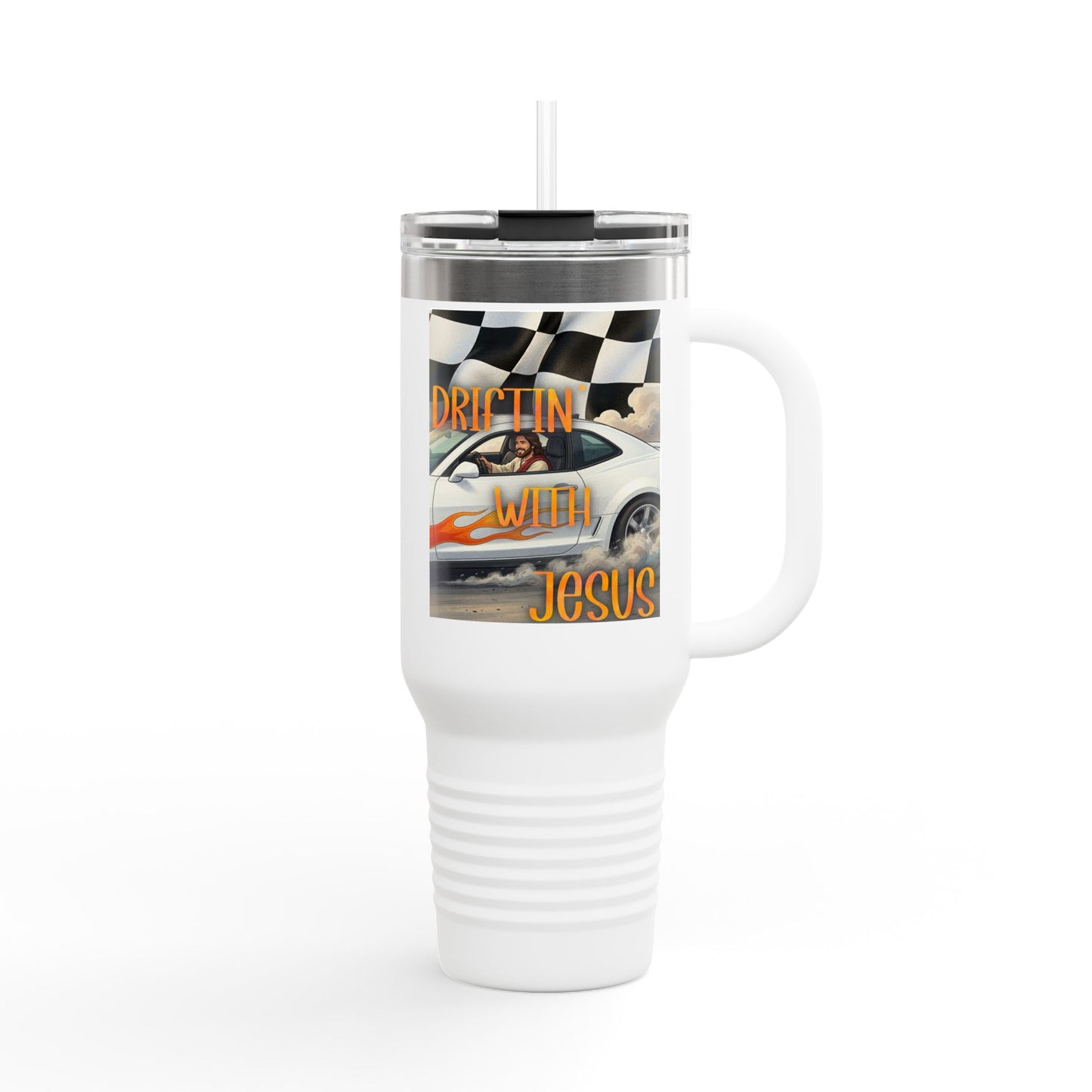 40oz Insulated Travel Mug — Vintage Race Car on Checkered Flag