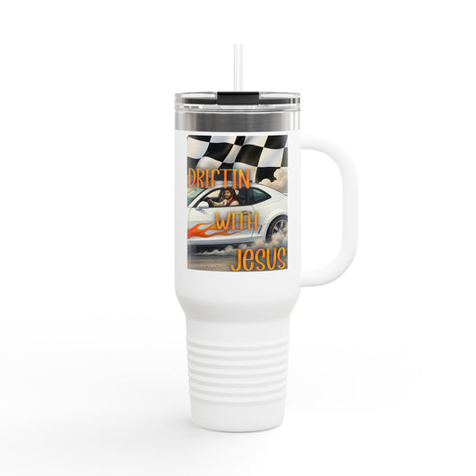 40oz Insulated Travel Mug — Vintage Race Car on Checkered Flag