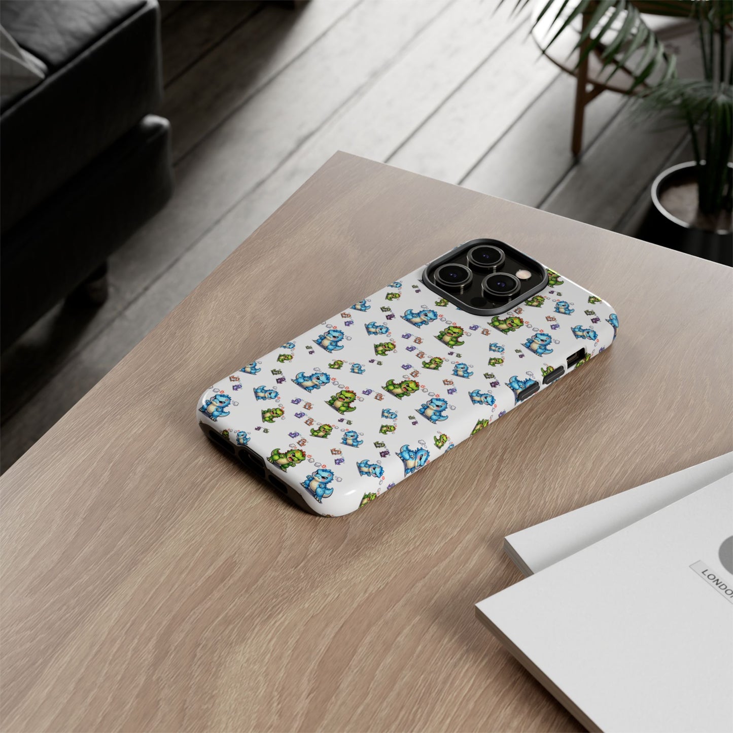 Cute Dino Pattern Phone Case — Cartoon Green & Blue Dino Tough Case, Protective iPhone Cover