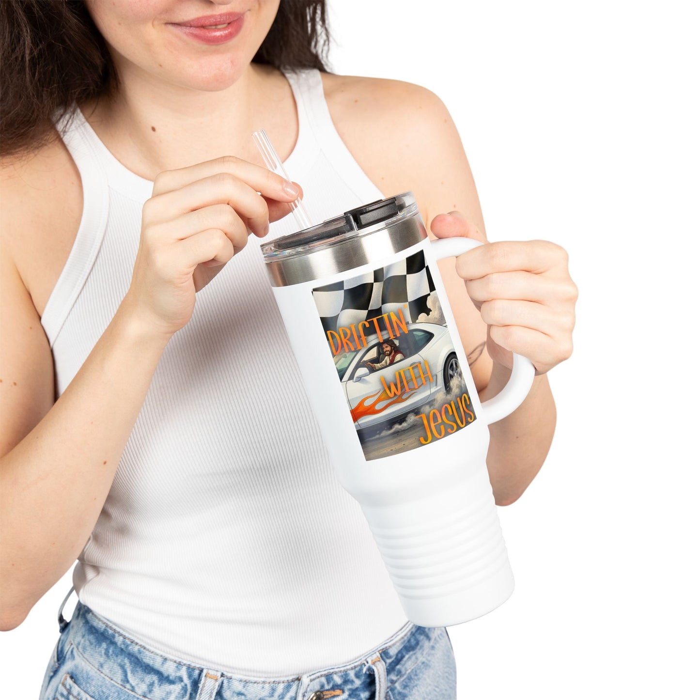 40oz Insulated Travel Mug — Vintage Race Car on Checkered Flag
