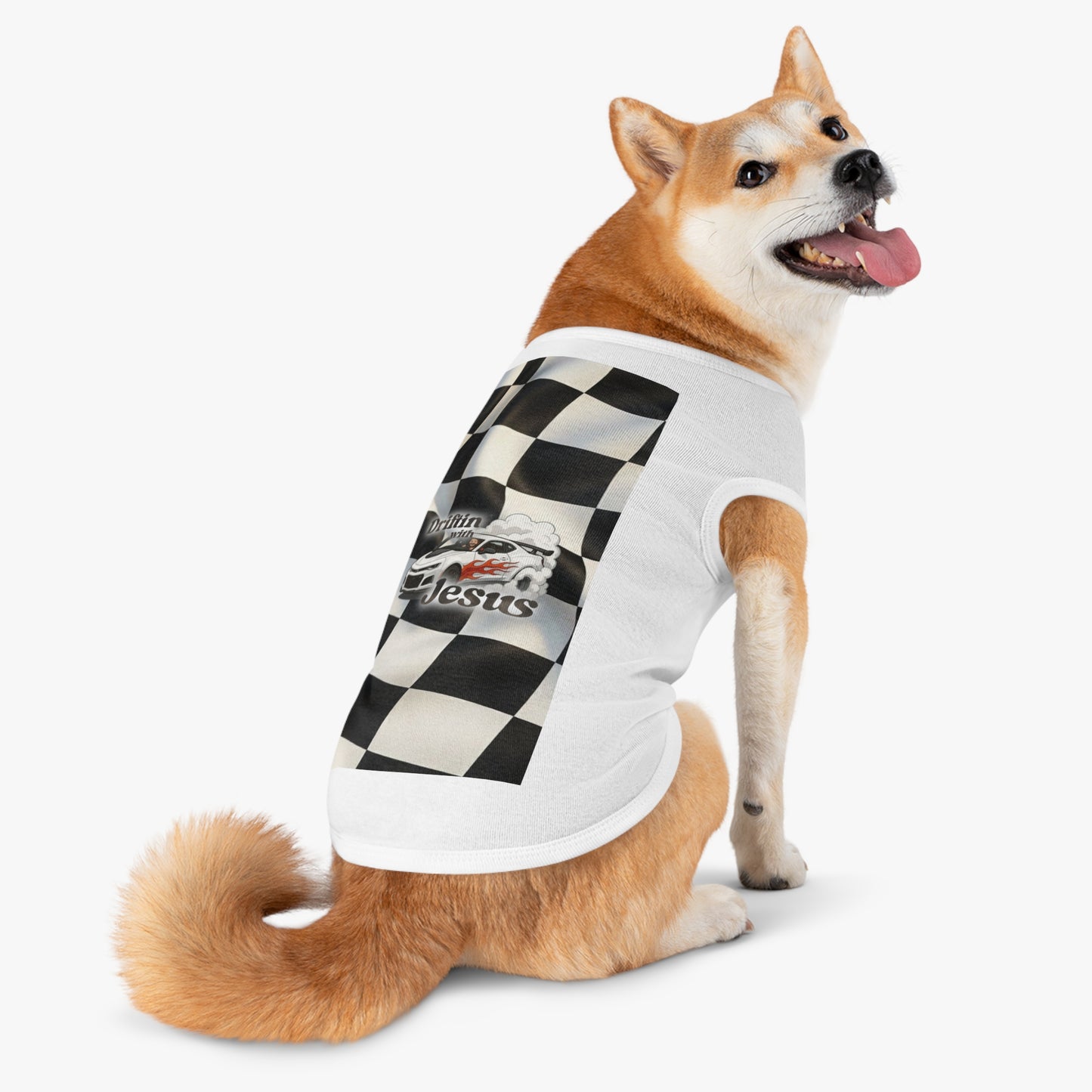 Pet Tank Top — "Driftin' with Jesus" Racing Flag Dog Shirt