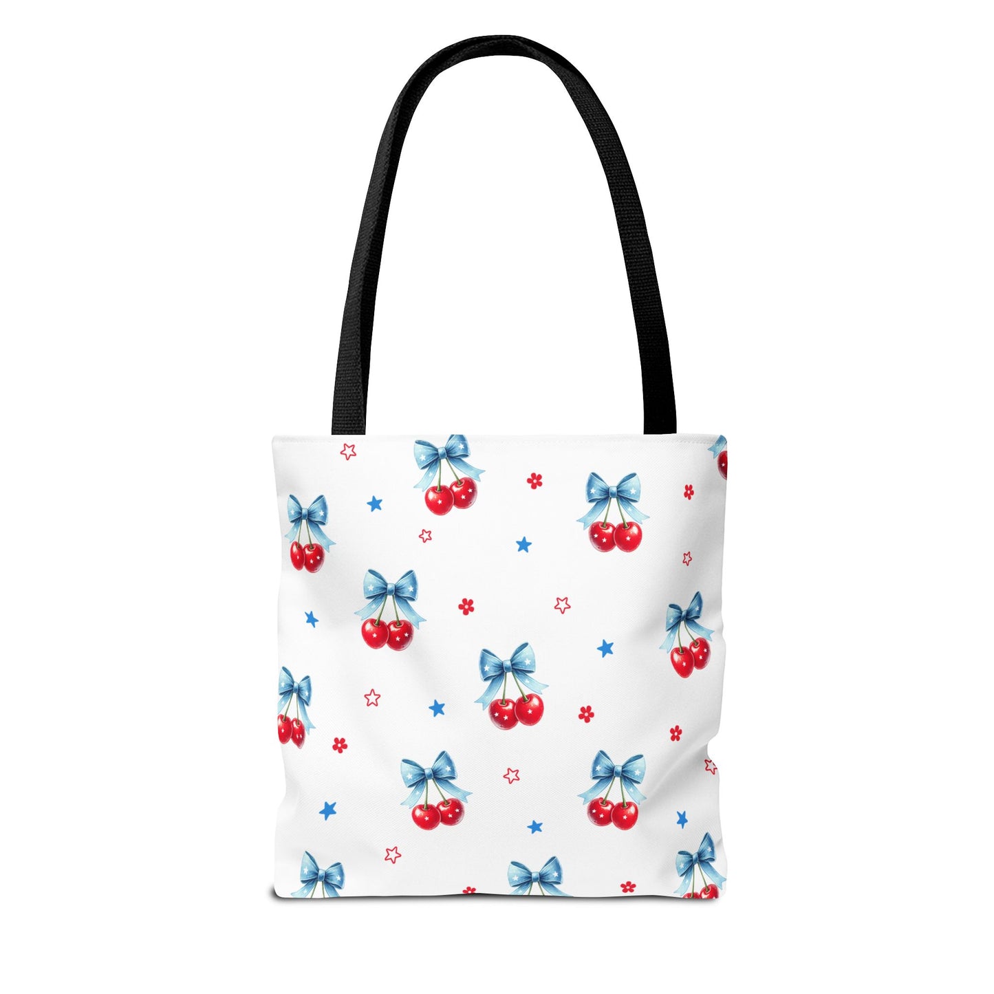 Cherry Bow Tote Bag — Cute Red Cherries with Blue Bows Patterned Shopper