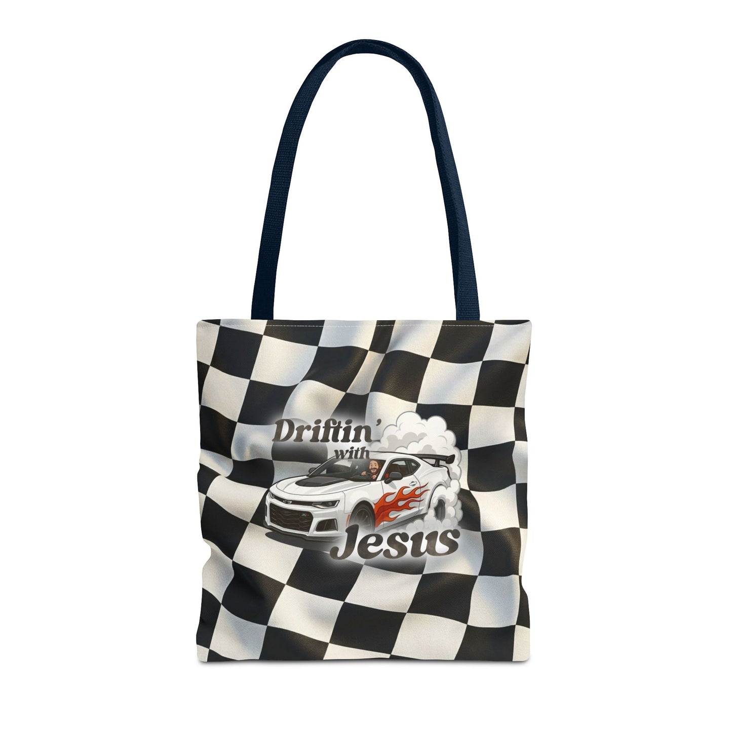 Driftin' with Jesus Racing Tote Bag - Checkered Flag Christian Car Gift