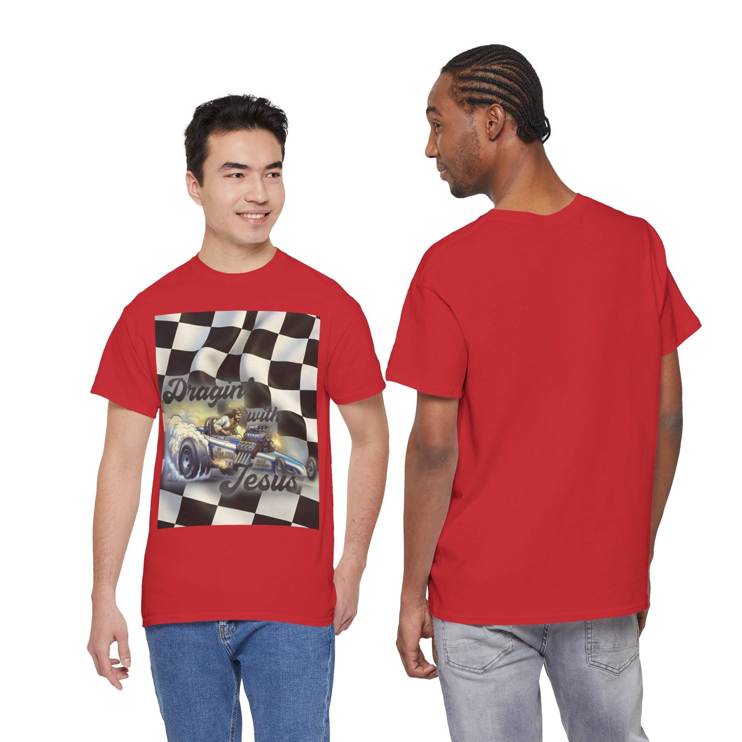 Racing Faith Tee – "Draggin' for Jesus" Checkered Flag Racing T-Shirt