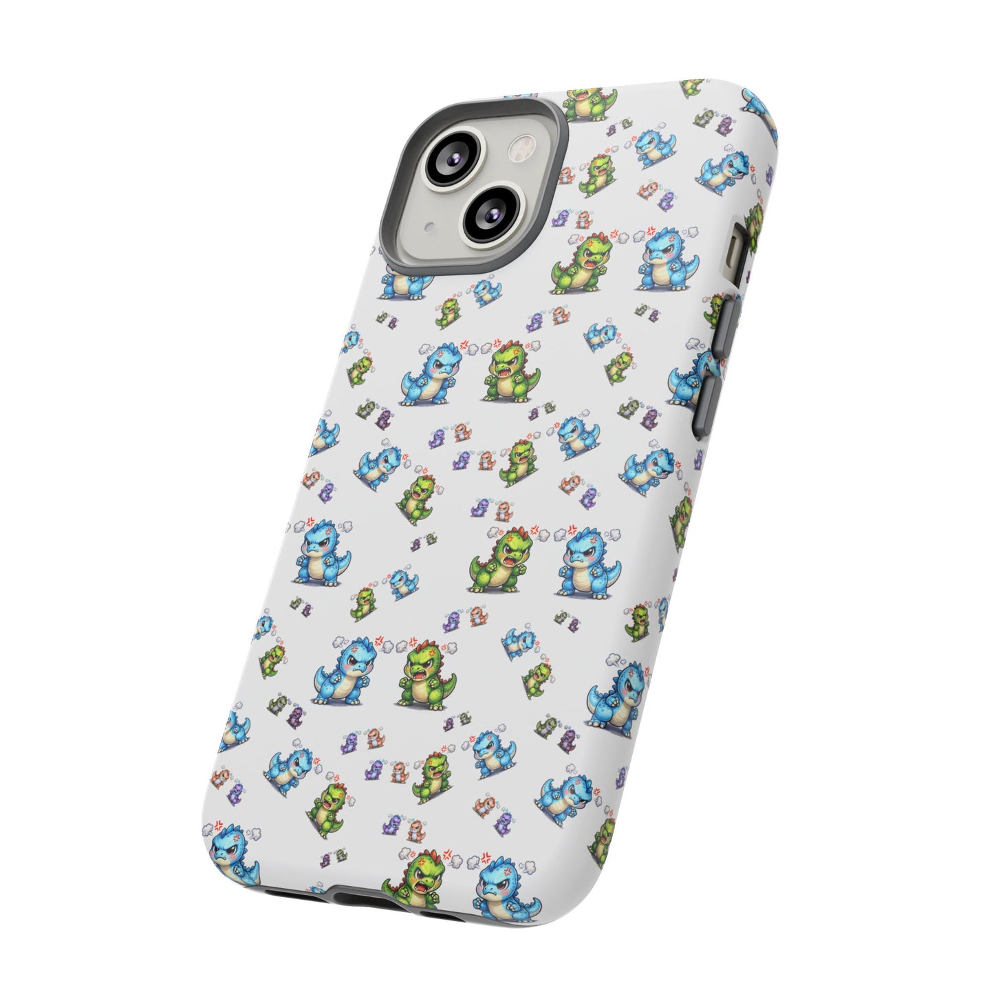 Cute Dino Pattern Phone Case — Cartoon Green & Blue Dino Tough Case, Protective iPhone Cover
