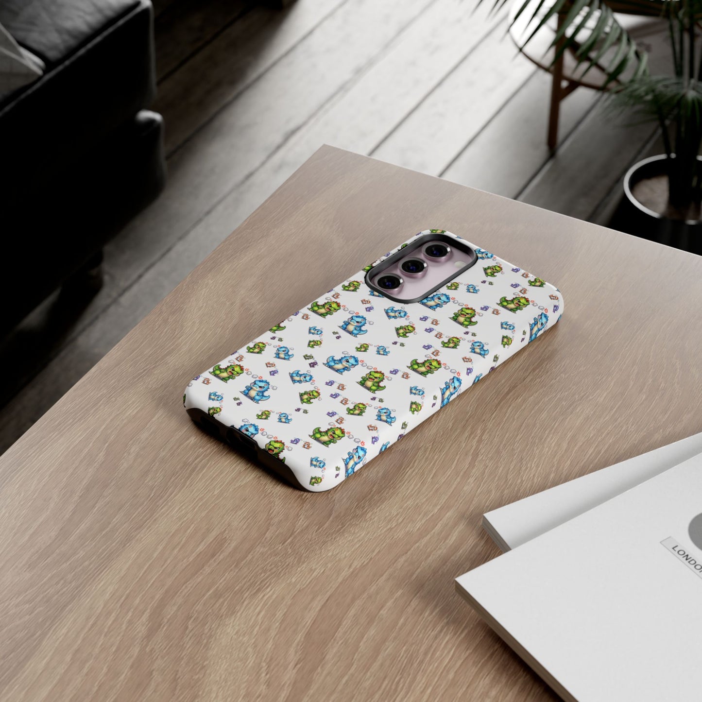 Cute Dino Pattern Phone Case — Playful Cartoon Dinosaur Tough Phone Cover