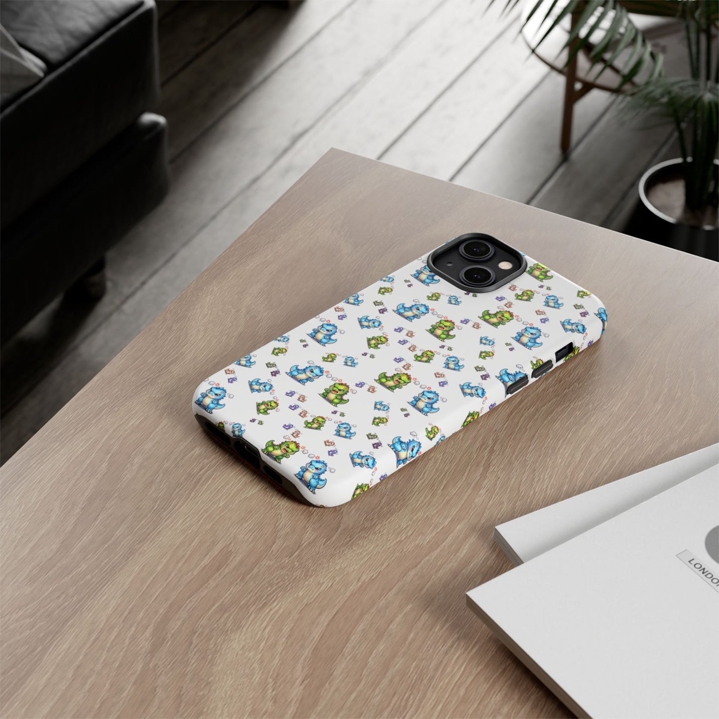 Cute Dino Pattern Phone Case — Cartoon Green & Blue Dino Tough Case, Protective iPhone Cover