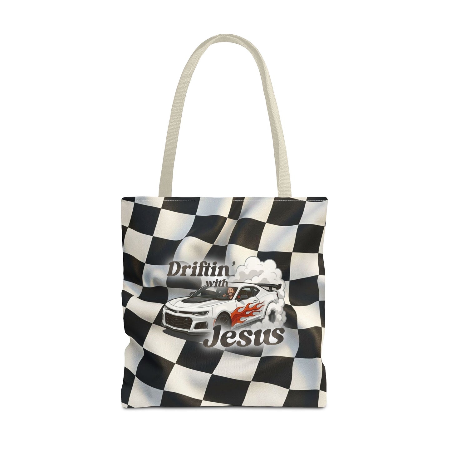 Driftin' with Jesus Racing Tote Bag - Checkered Flag Christian Car Gift